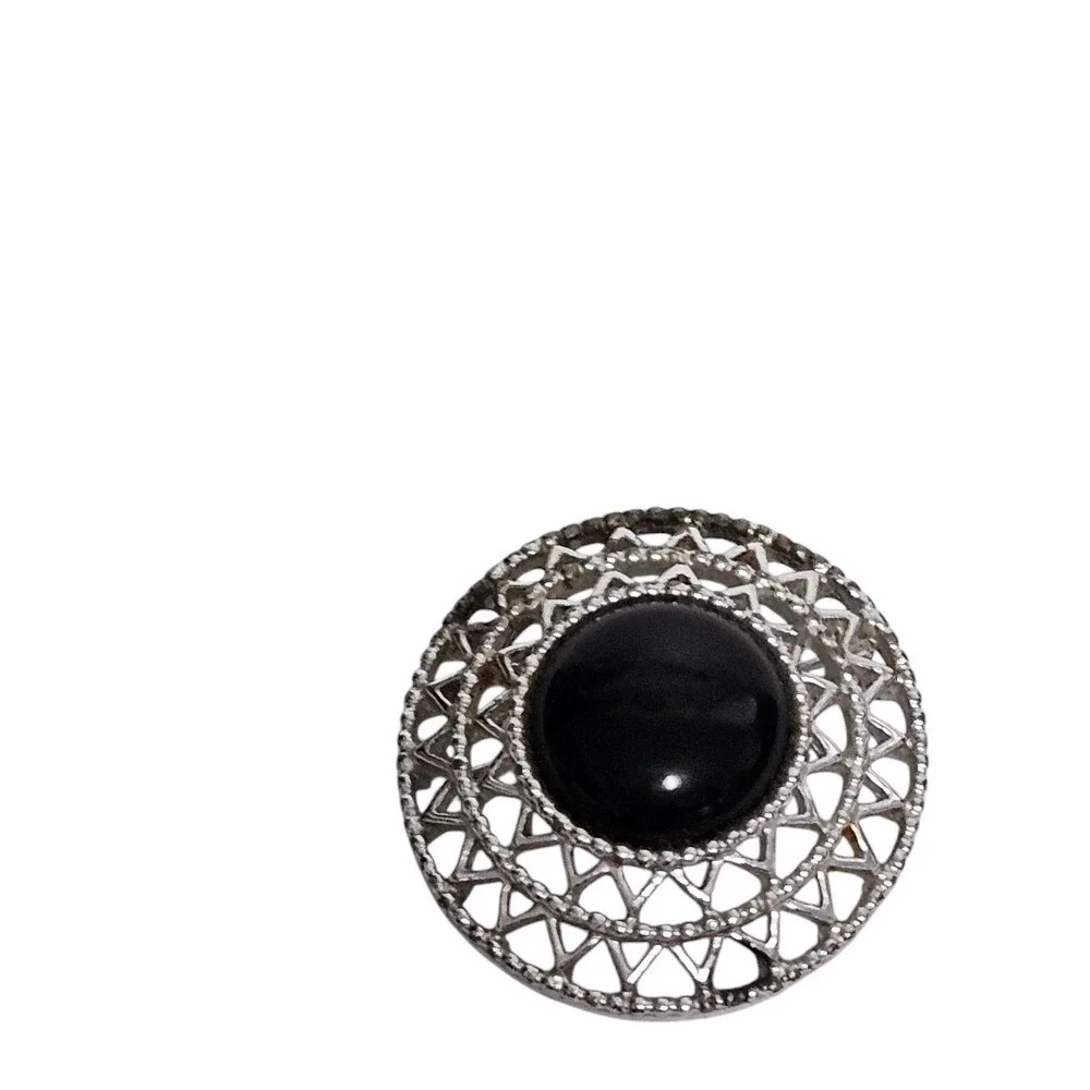 Sarah Coventry Vintage Brooch Pin Black Cabochon Round Silver Tone Costume‎